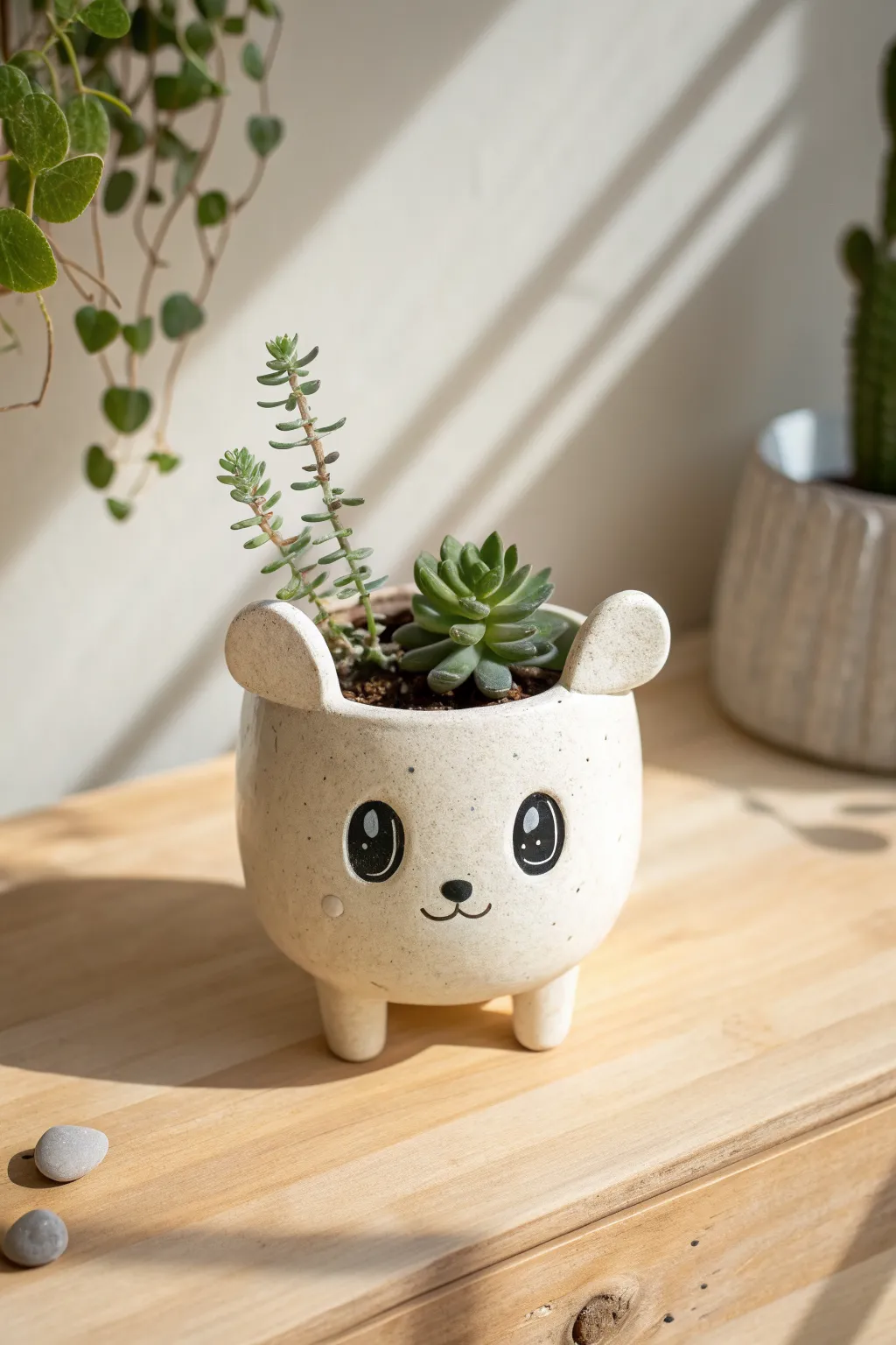 Cute pinch pot animal planter with big eyes and a tiny succulent hairdo, simple and handmade