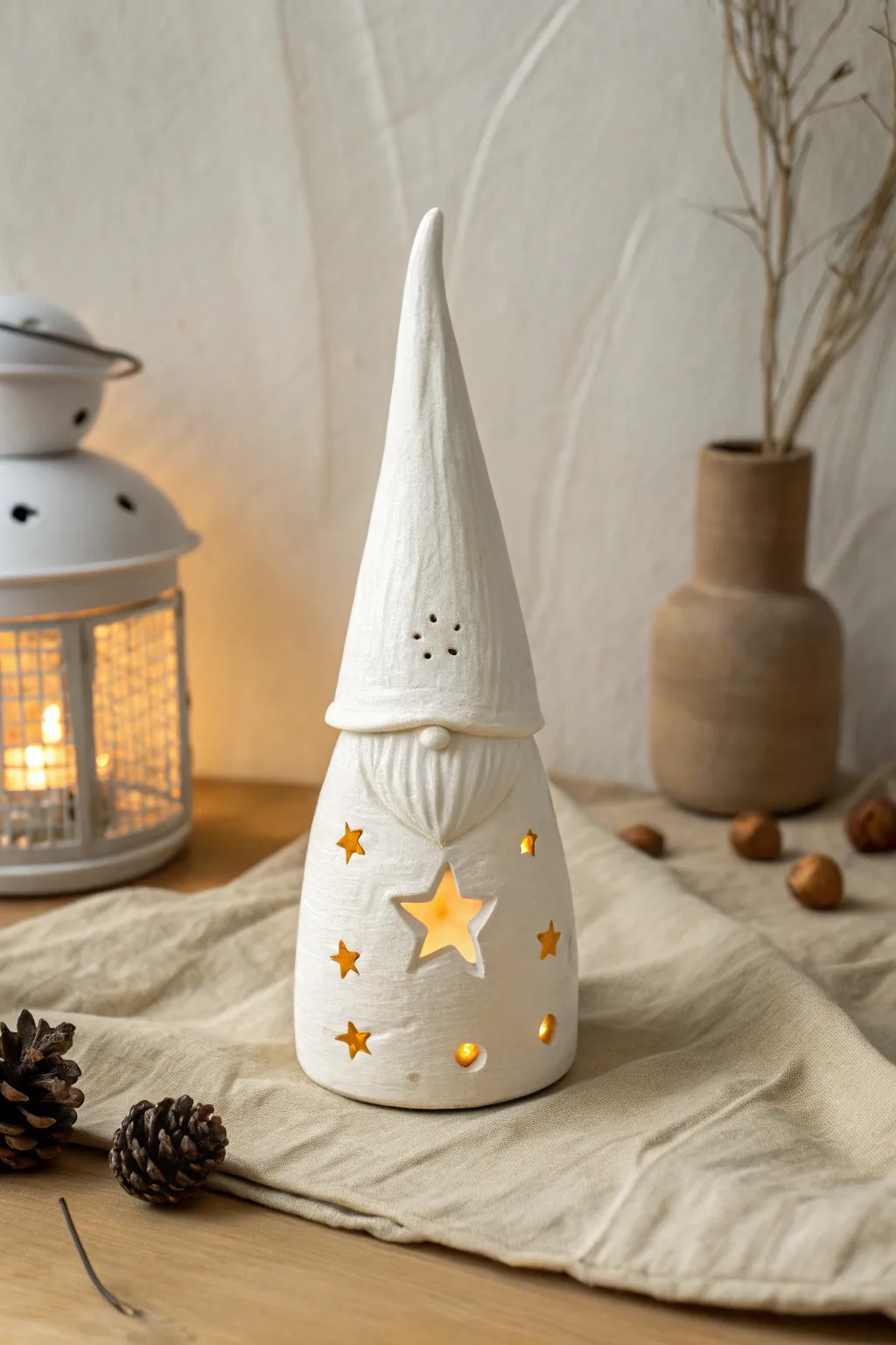 Minimal clay gnome tea light lantern with starry cutouts, warm glow and cozy Scandinavian calm