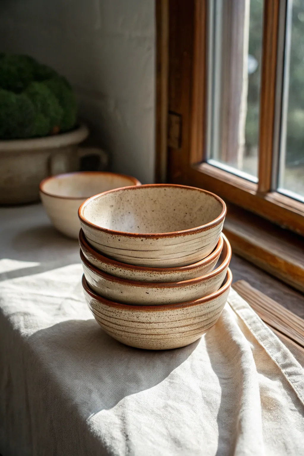 Cozy rim-dip glaze: iron-warm lip fading into a creamy base for rustic, everyday bowls.