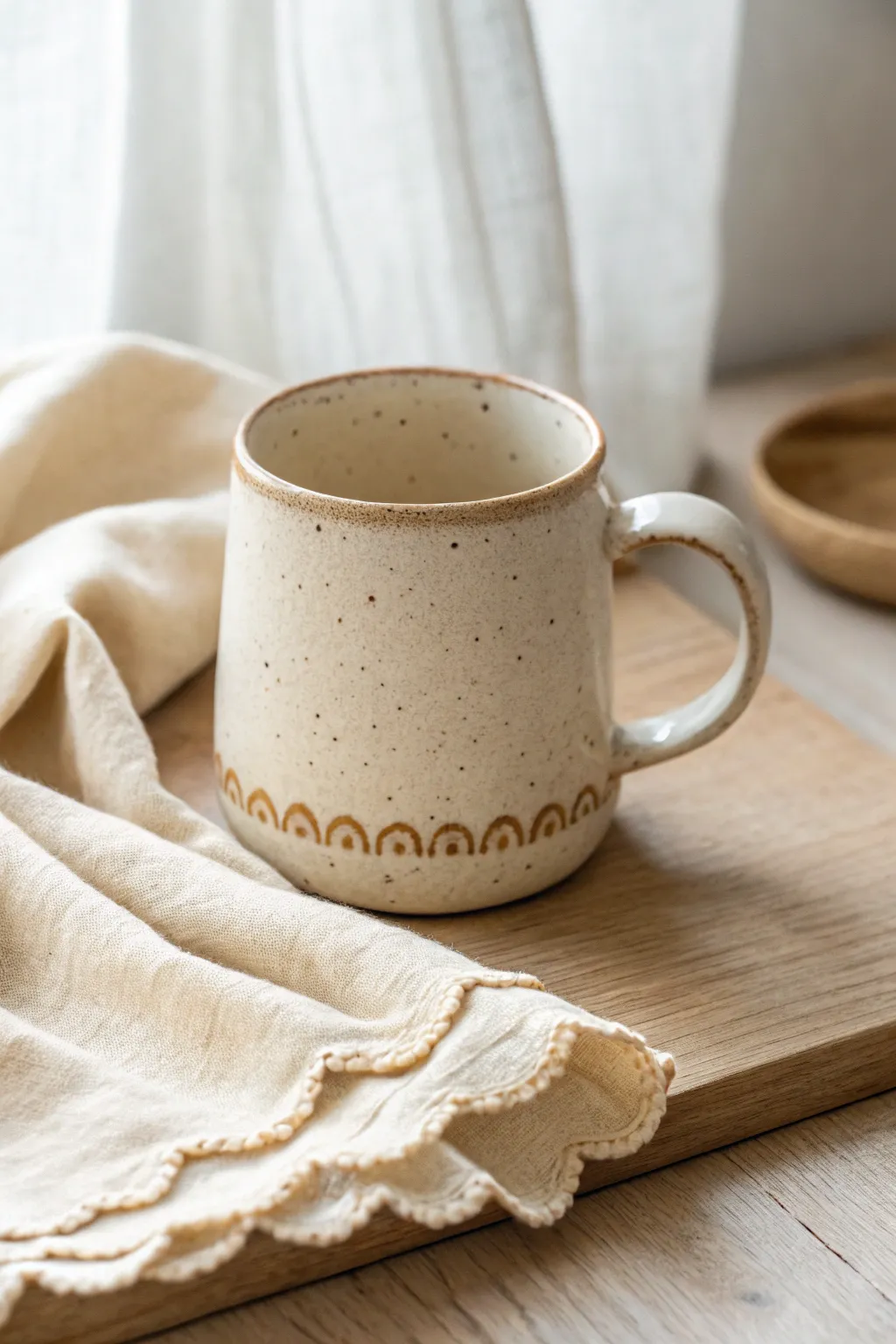 Cozy minimalist mug with a softly scalloped strap handle, simple shape and warm matte glaze.