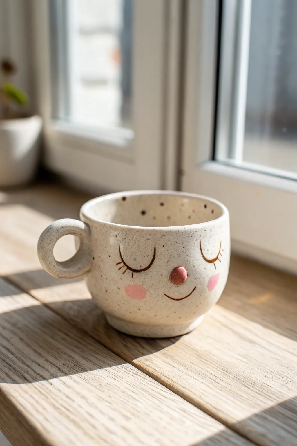 Goofy face cup with add-on nose and ears, a simple kid-friendly pottery idea with big personality.