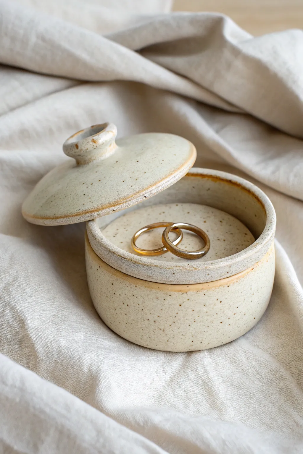 Minimal pinch-and-slab lidded box, slightly open to reveal tiny treasures in soft neutral tones.