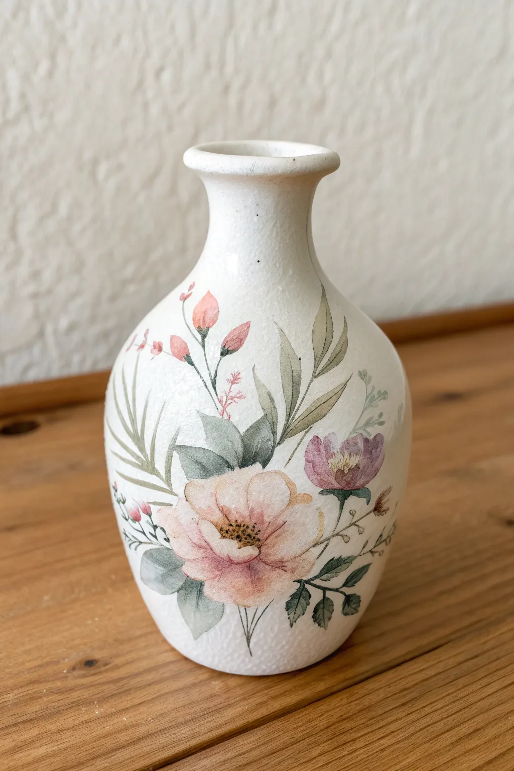 Soft watercolor-wash florals on a minimalist vase for an airy, modern boho pottery look