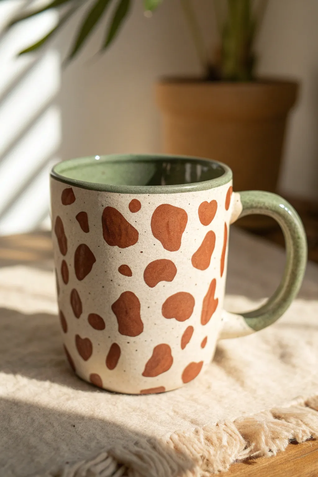 Playful animal spot pattern on a minimalist mug, bold contrast and beginner friendly charm.