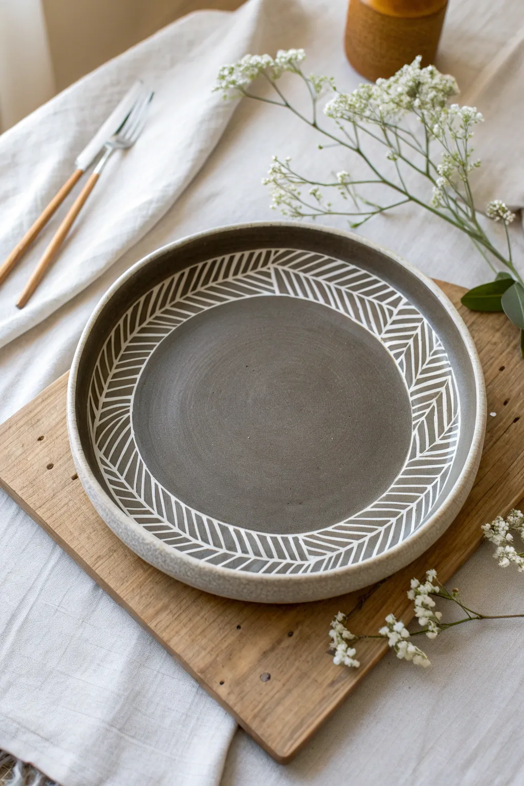 Crisp Mishima inlay platter with simple geometric lines, a calm Scandinavian-boho centerpiece.