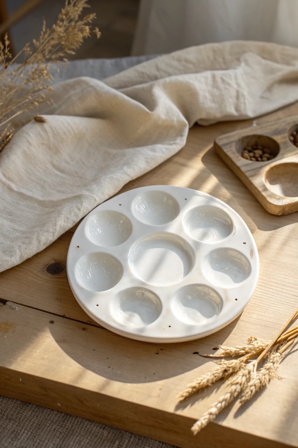 Glossy white ceramic paint palette with thumb wells, minimal and calming for studio rituals.