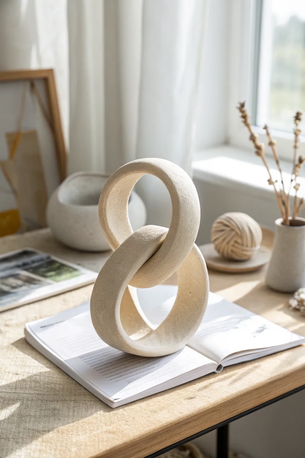 Minimal abstract clay loop sculpture with soft shadows, natural tones, and clean Nordic styling.