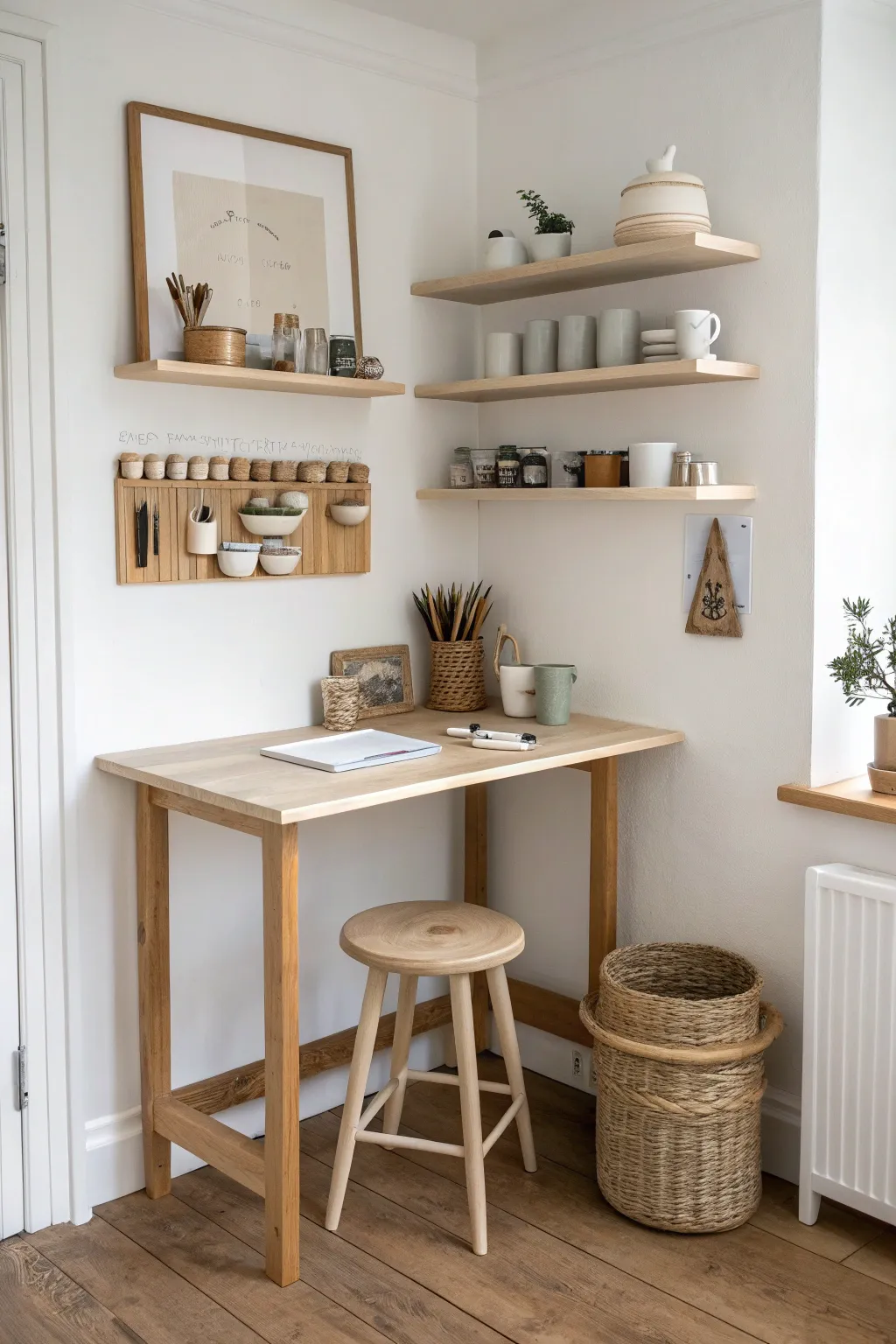 Compact corner pottery station with vertical shelves and warm wood, minimalist and tidy.