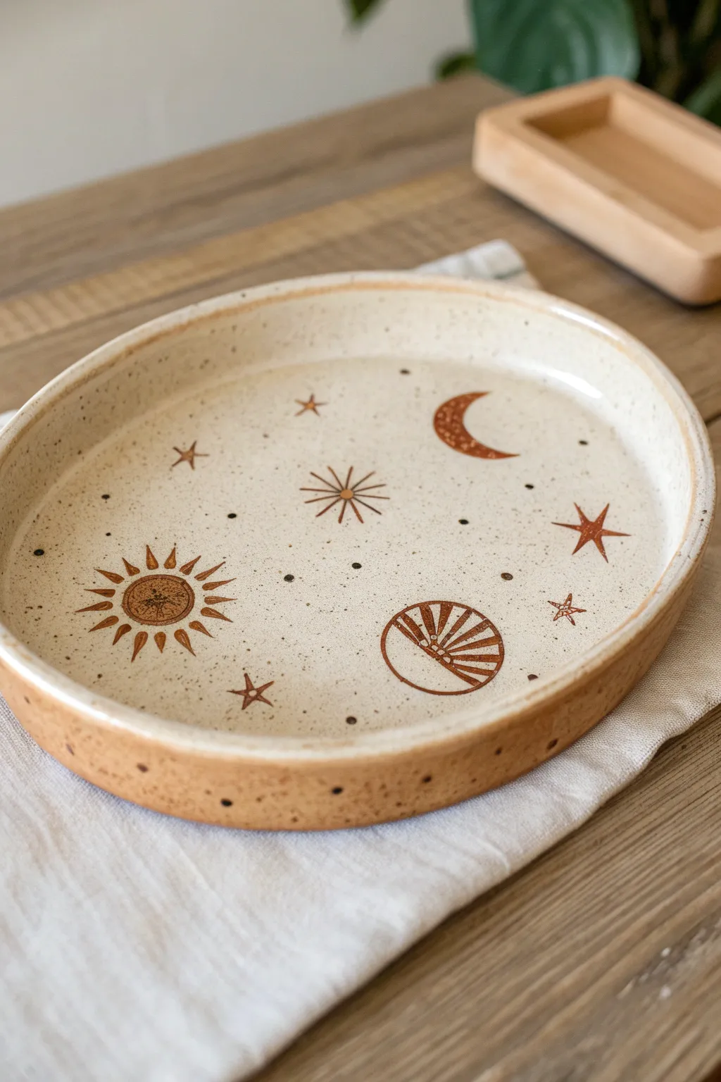 Celestial sun and moon pottery tray in earthy tones, styled with candle and crystal decor.