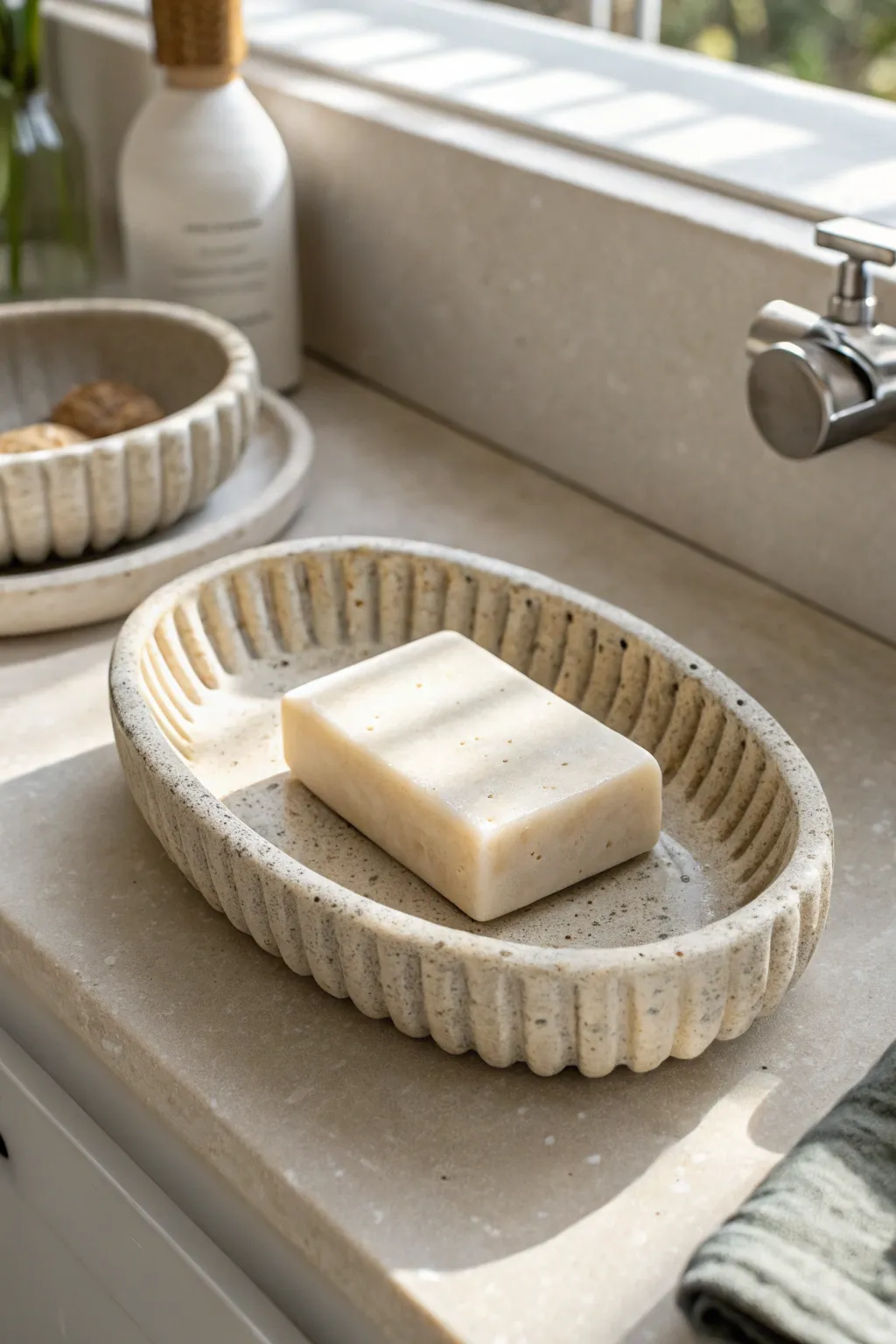 Minimal ridged clay soap dish that keeps your bar dry, clean, and beautifully displayed
