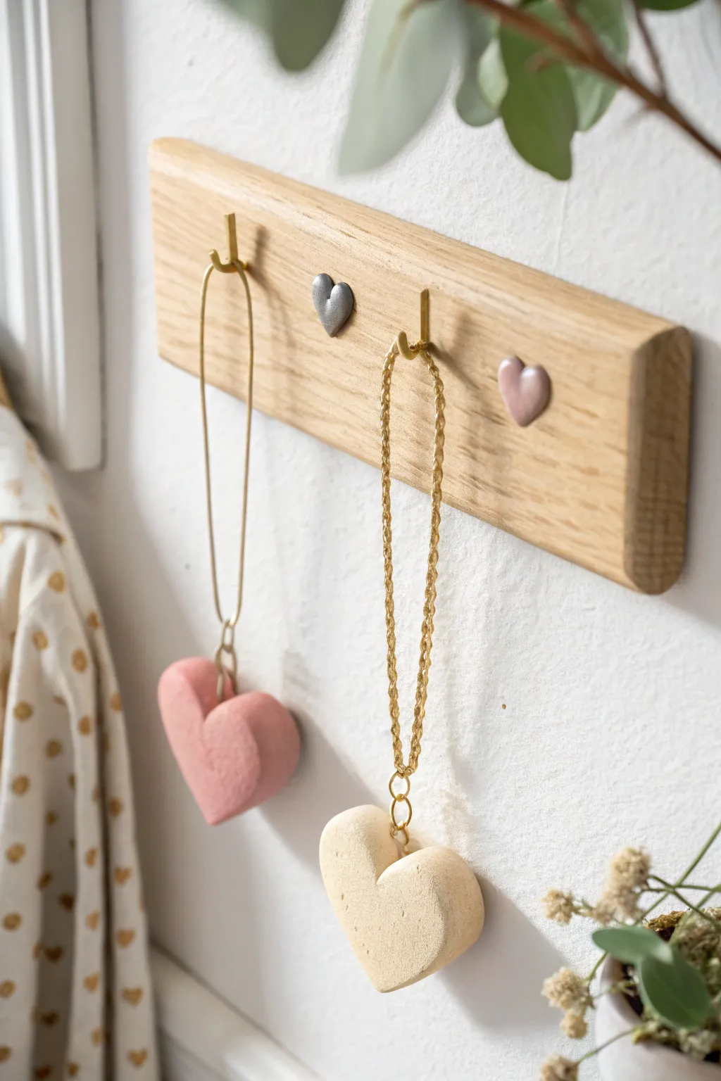 Puffy heart air-dry clay hooks in blush and cream, a sweet preppy spot for necklaces.