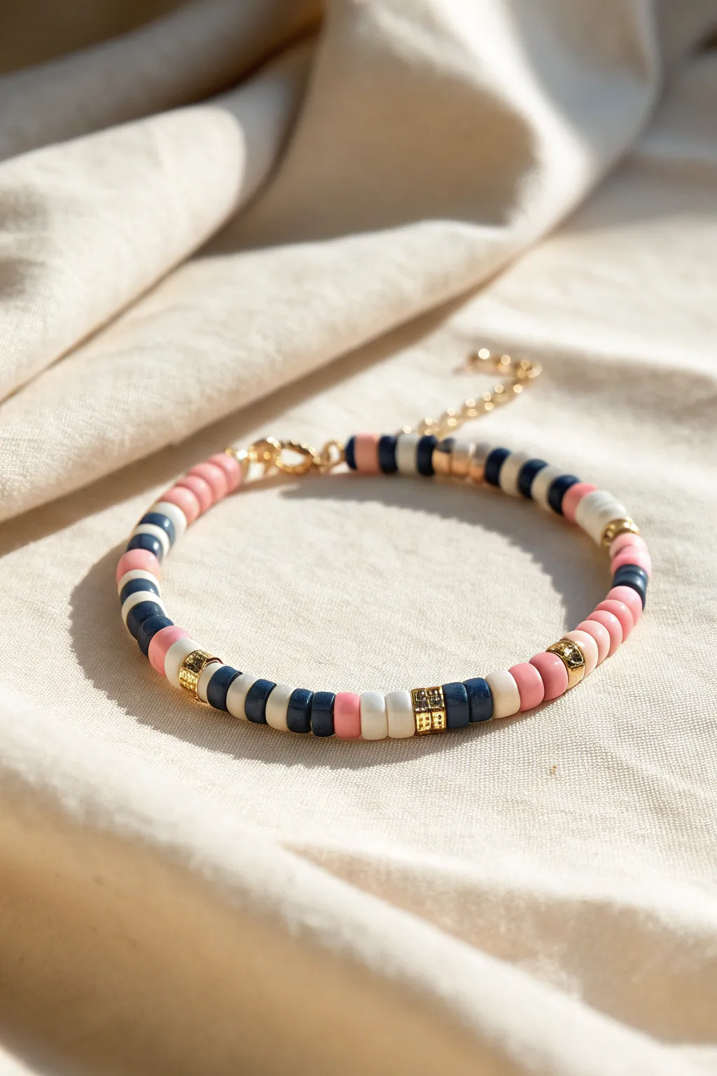 Preppy argyle-inspired heishi bracelet with gold spacers in a clean Scandinavian style
