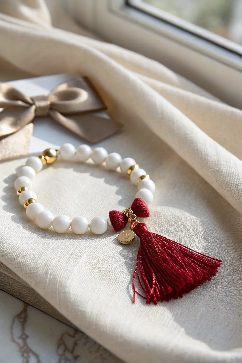 Preppy Christmas bracelet with bow charm, white clay beads, gold spacers, and red tassel.