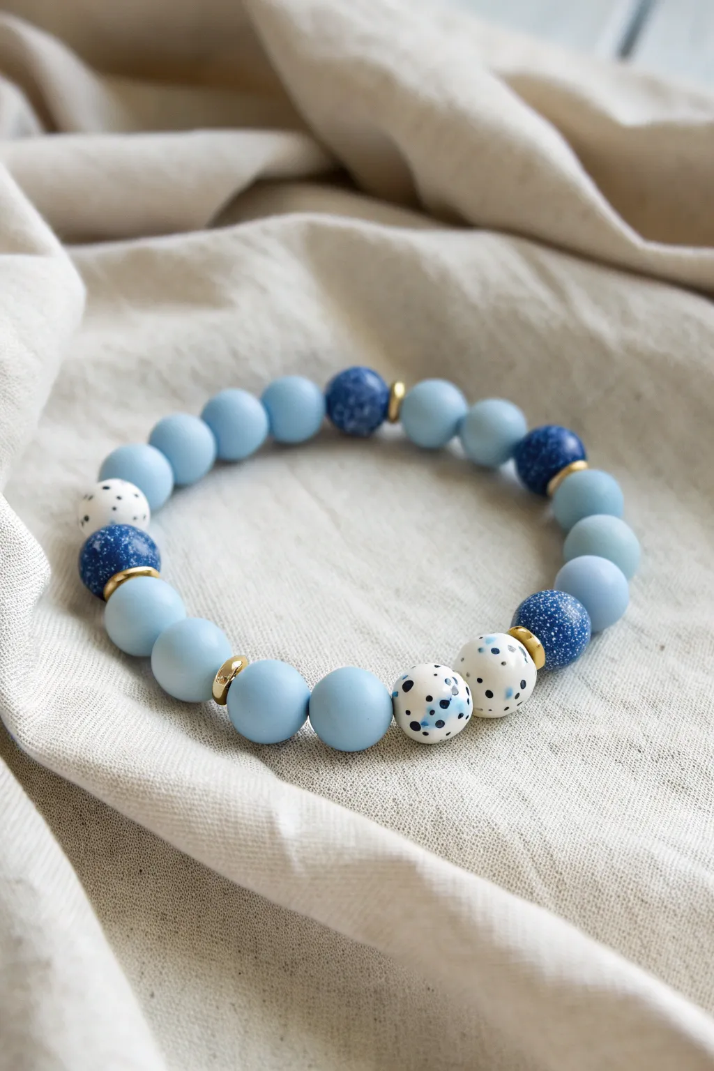 Light blue clay bead bracelet with navy-and-white confetti speckles on soft linen, minimal and fresh
