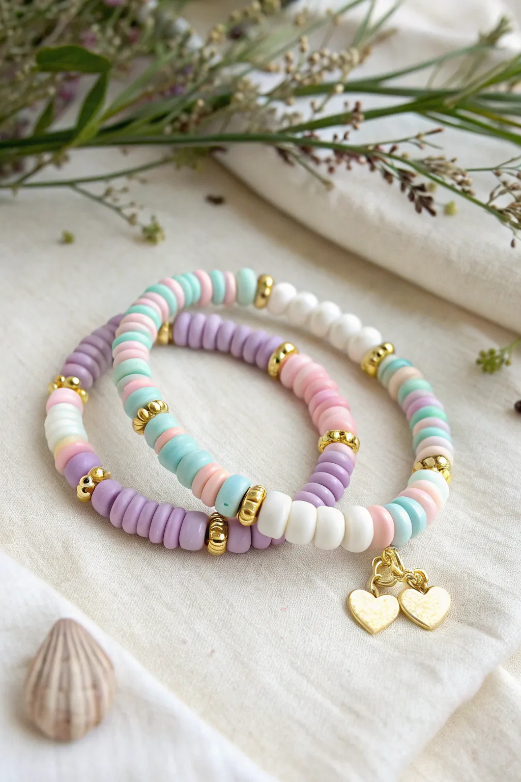 Bestie split-palette clay bead bracelets in pink-lilac and aqua-yellow with matching gold accents