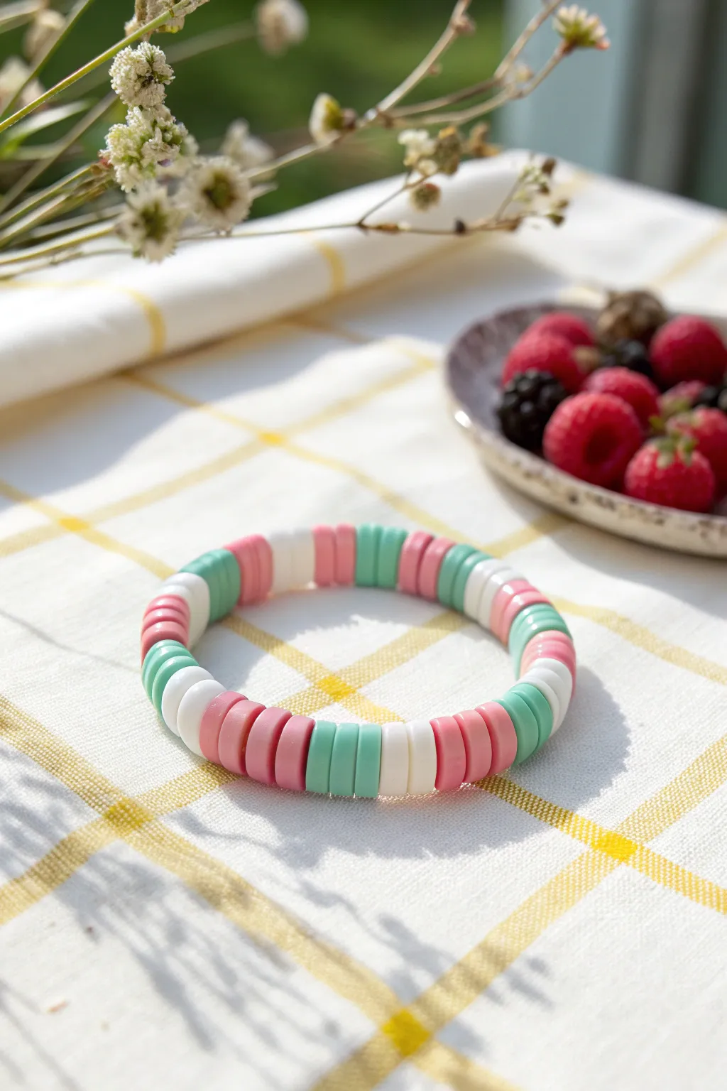 Watermelon color-block clay heishi bracelet on picnic cloth, sweet preppy summer vibe.
