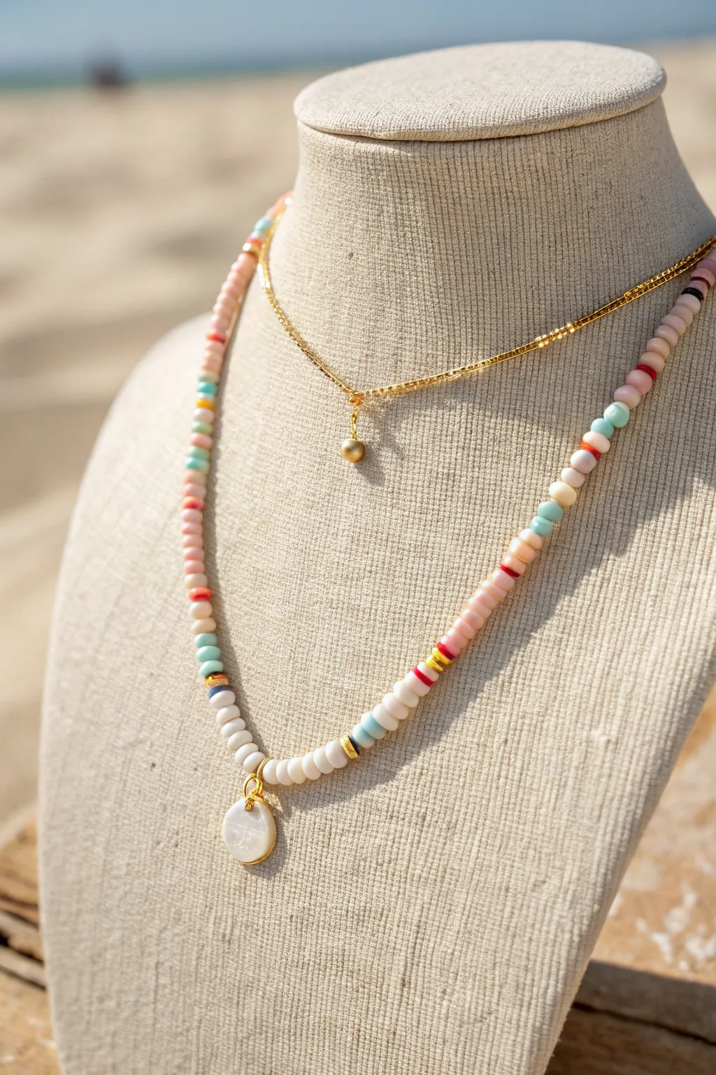 Tiny heishi drop pendant on a delicate chain, soft pastels and gold for a preppy look