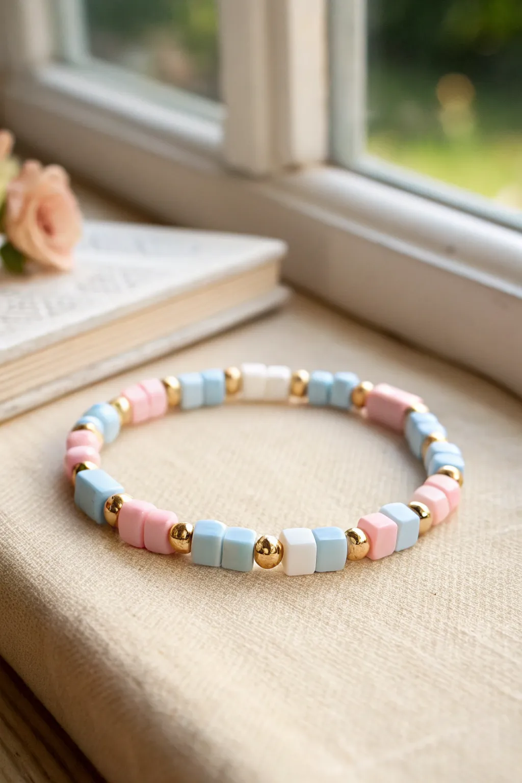 Pastel gingham rhythm in clay beads, finished with tiny gold spacers for a preppy glow.