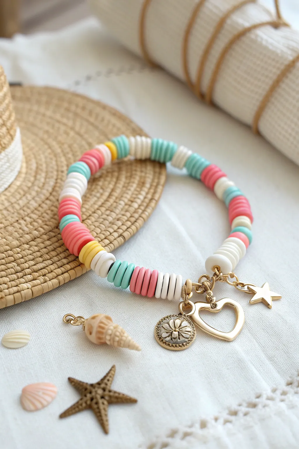 Preppy summer clay bead bracelet with beachy charm cluster, styled beside a straw bag