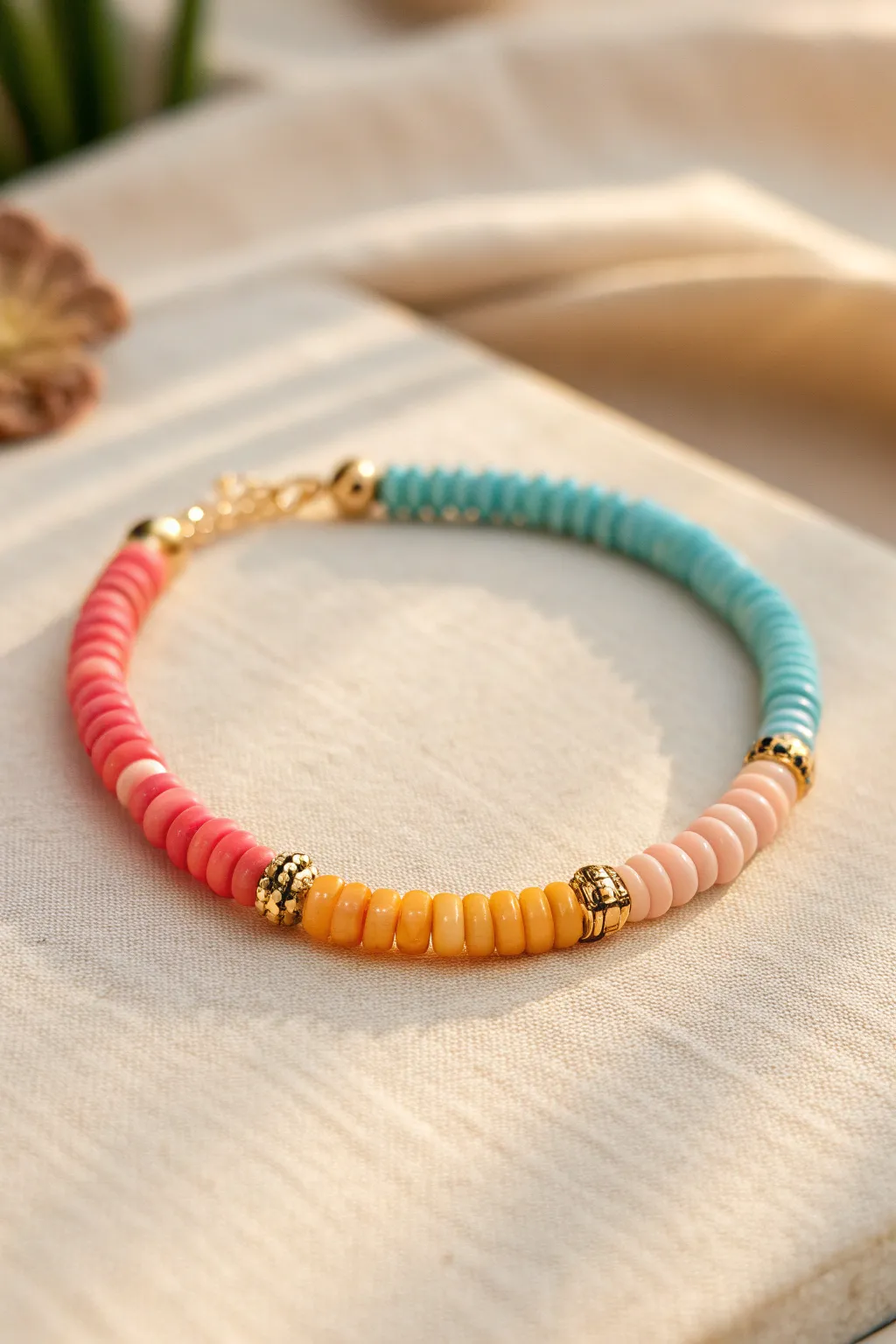 Sunset-to-ocean ombré heishi bracelet with subtle gold spacers for an easy boho glow