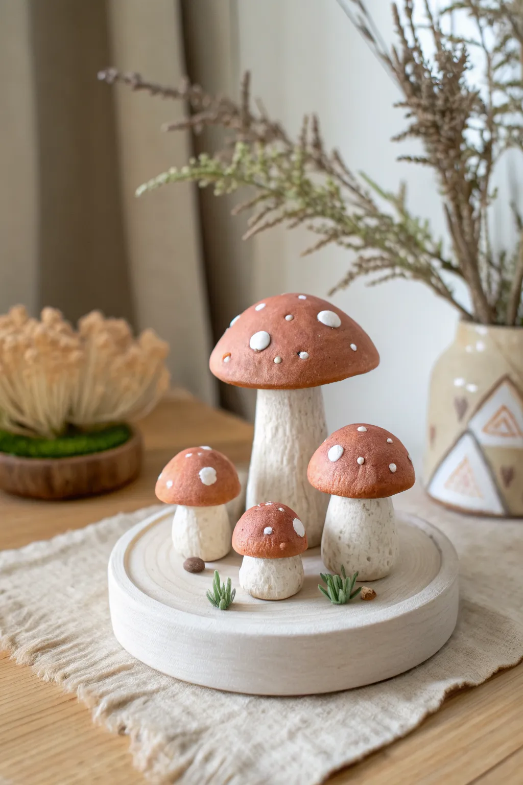 Puffy clay mushroom mini forest with rounded caps, sweet faces, and cozy Scandinavian vibes
