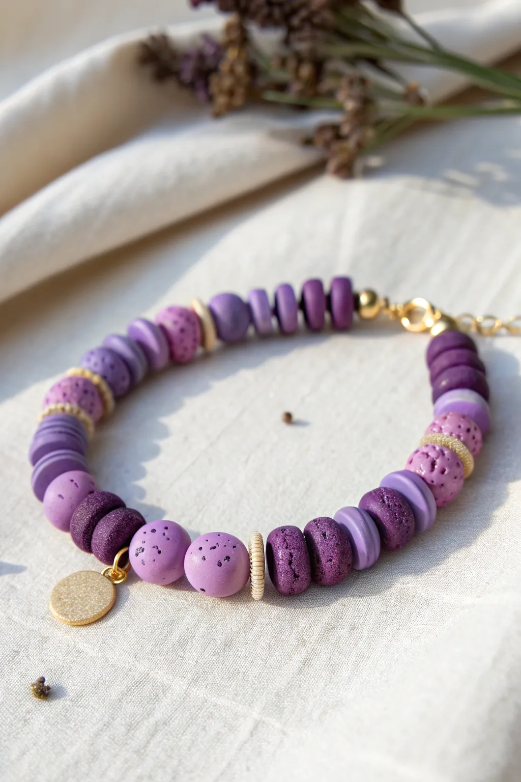 All-purple clay bead bracelet with simple stamped textures, minimalist flat-lay glow