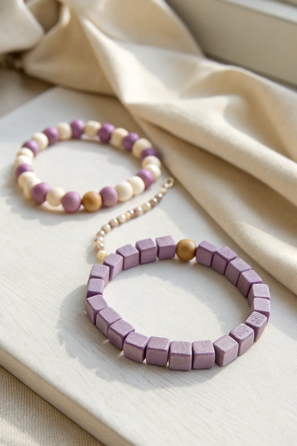 Modern checkerboard bracelet in purple and cream clay beads, minimalist flat lay with boho warmth