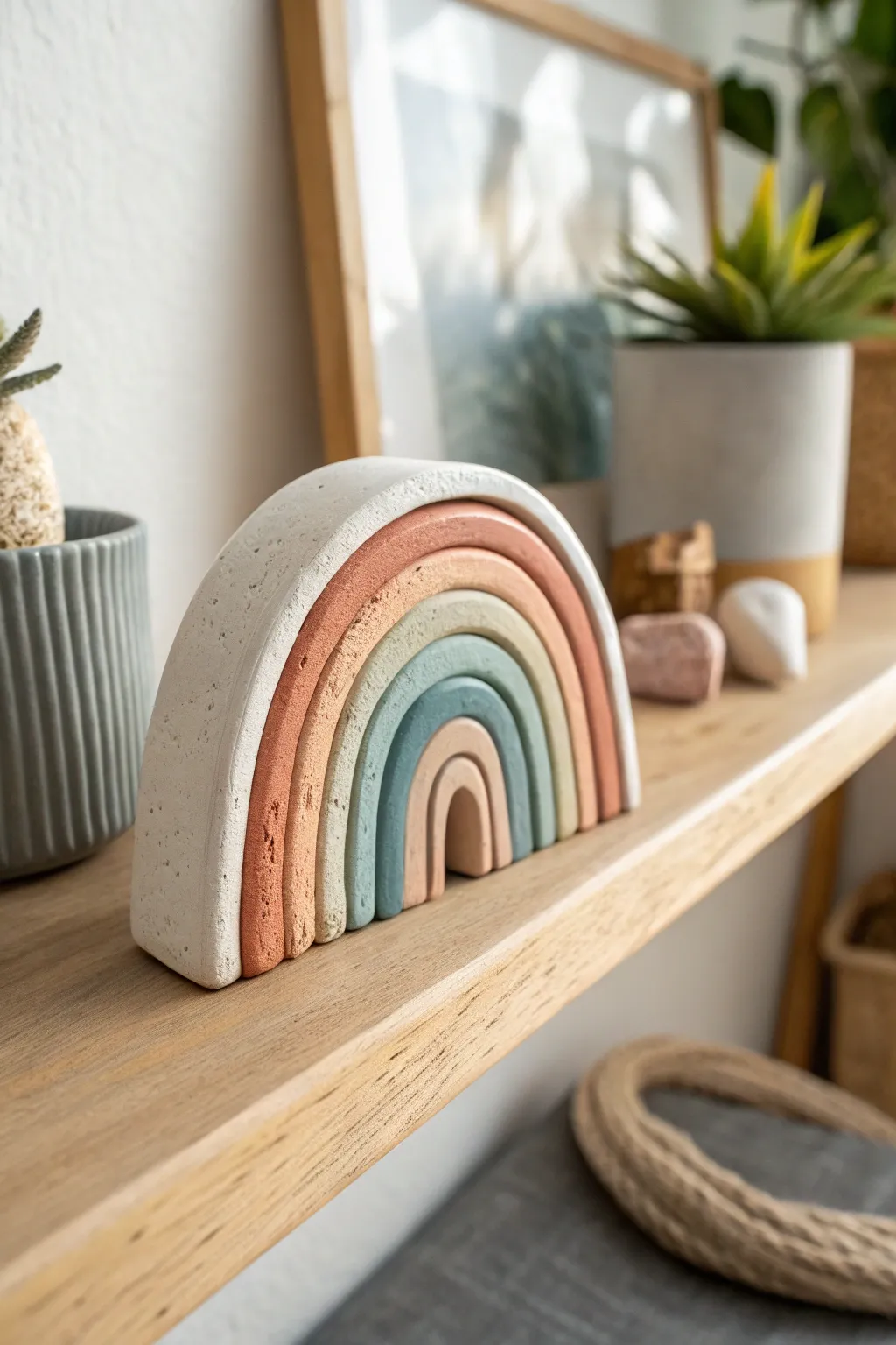Soft, chunky air-dry clay rainbow ornament in muted pastels for quick-dry decor.