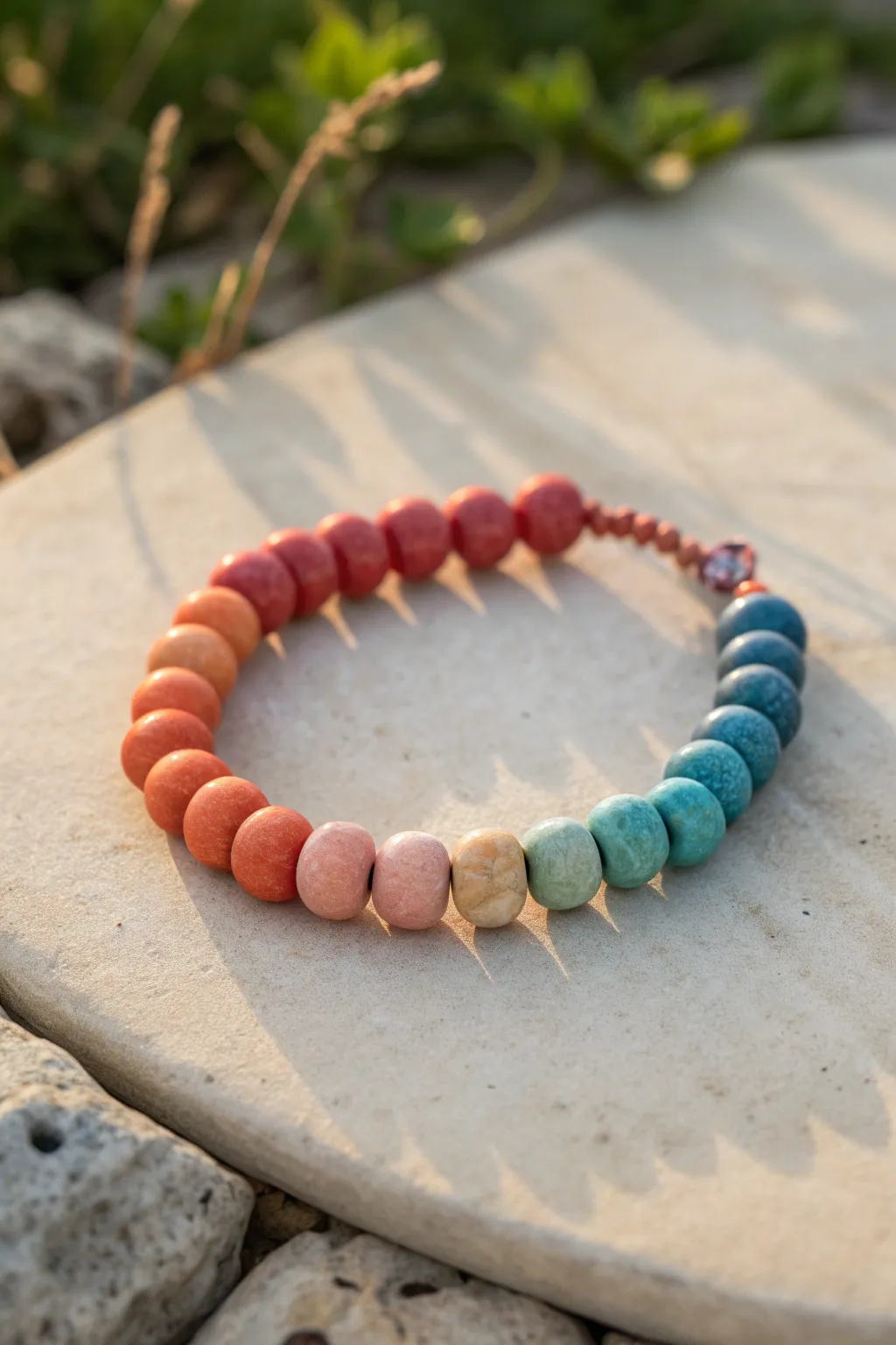 Sunset-to-ocean rainbow clay bead bracelet, minimalist and boho with crisp contrast.