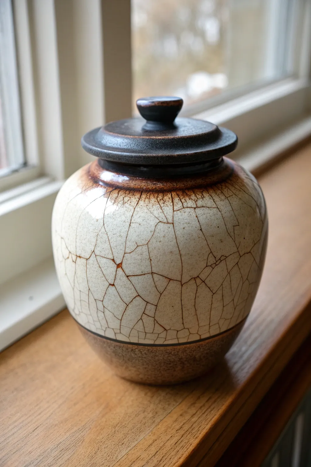 Lidded raku jar with a bold smoky halo and delicate crackle glaze on a warm wood shelf.