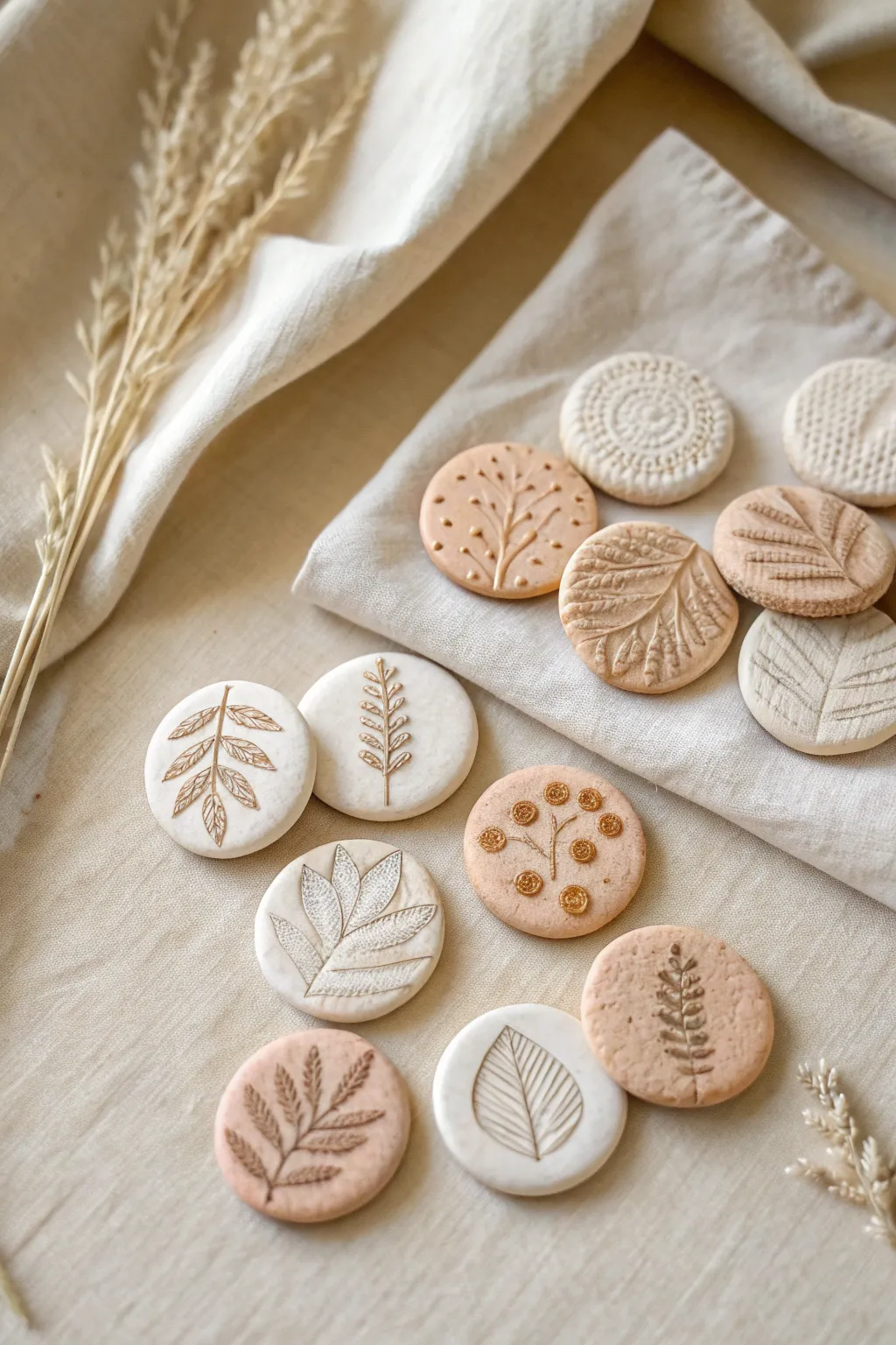 Tiny textured clay minis with leaf and lace imprints, styled in a calm minimalist flat lay.
