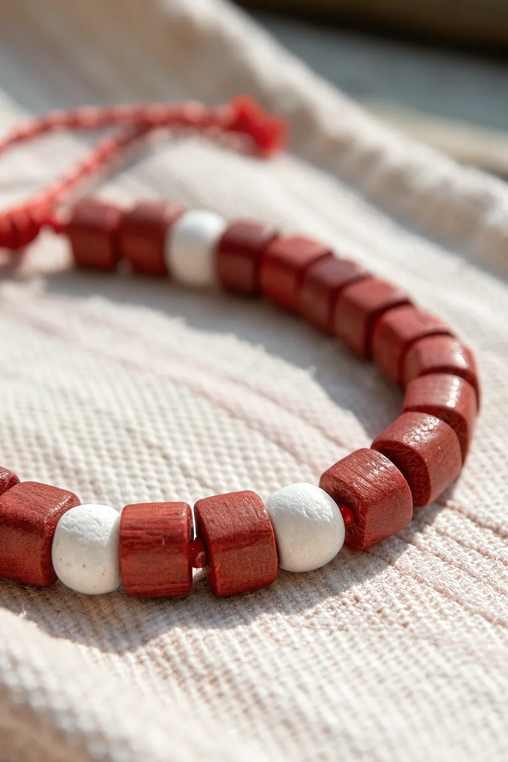 Red and white checkerboard clay disc bracelet, minimalist, boho-inspired, and easy to recreate