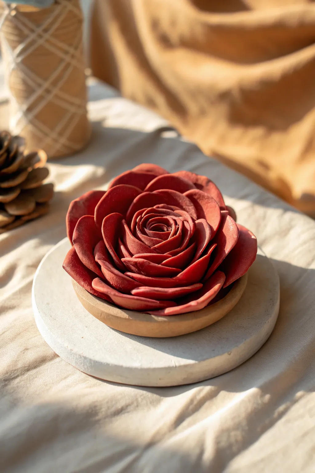 Minimal red clay rose sculpture with layered petals, styled on a neutral linen surface