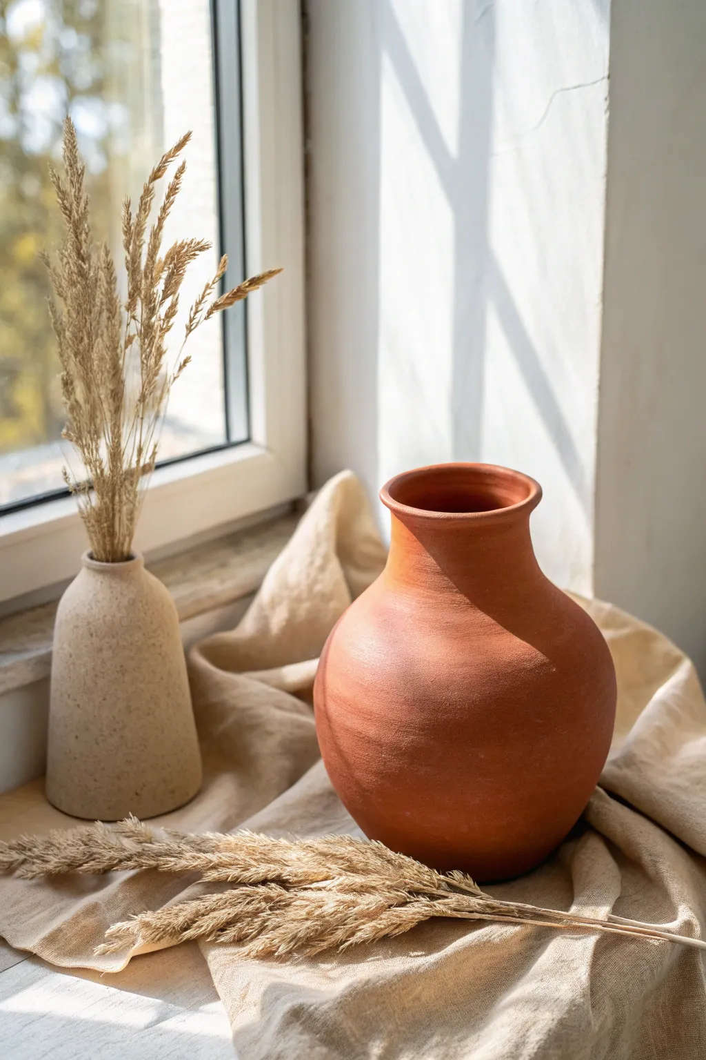Burnished red clay vase with a soft sheen on linen for warm, minimalist terracotta inspo