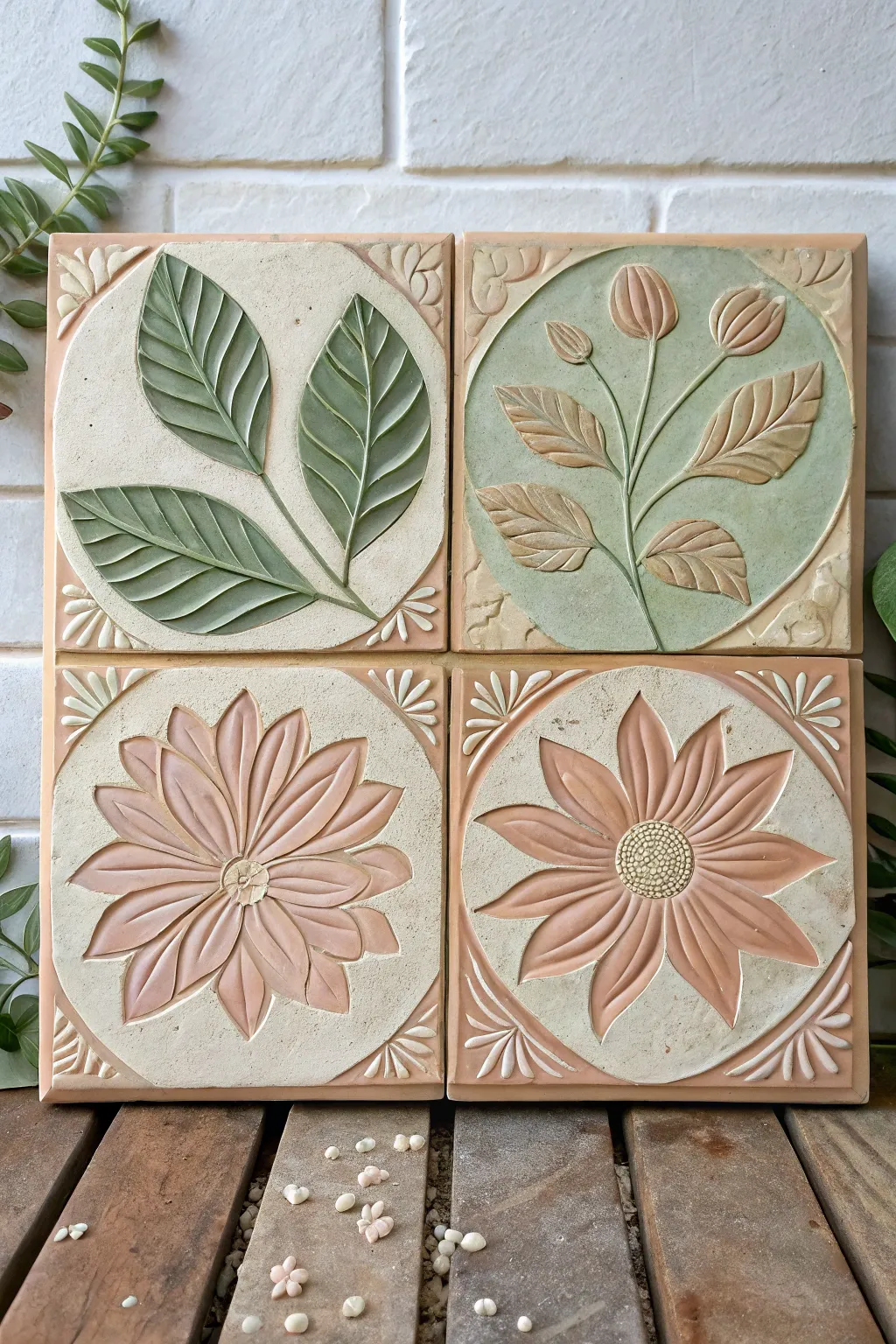 Four relief tiles unite into one calm botanical mural panel in soft earthy Scandinavian tones.