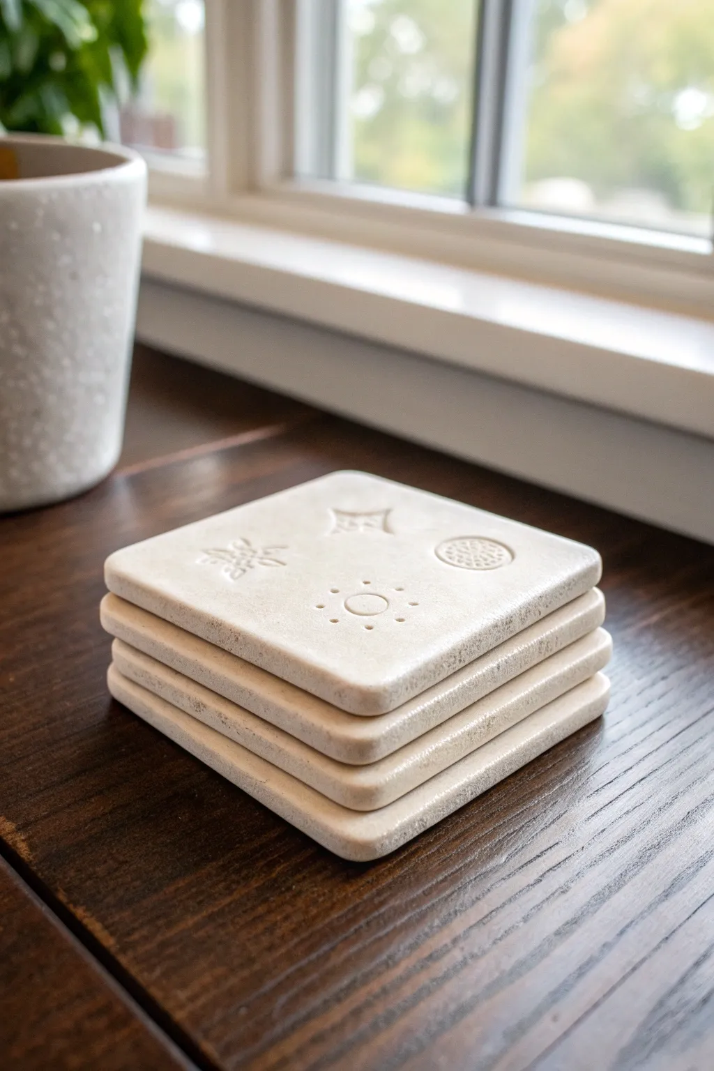 Minimal salt dough coasters stacked neatly, sealed matte and styled for a cozy Father’s Day vibe