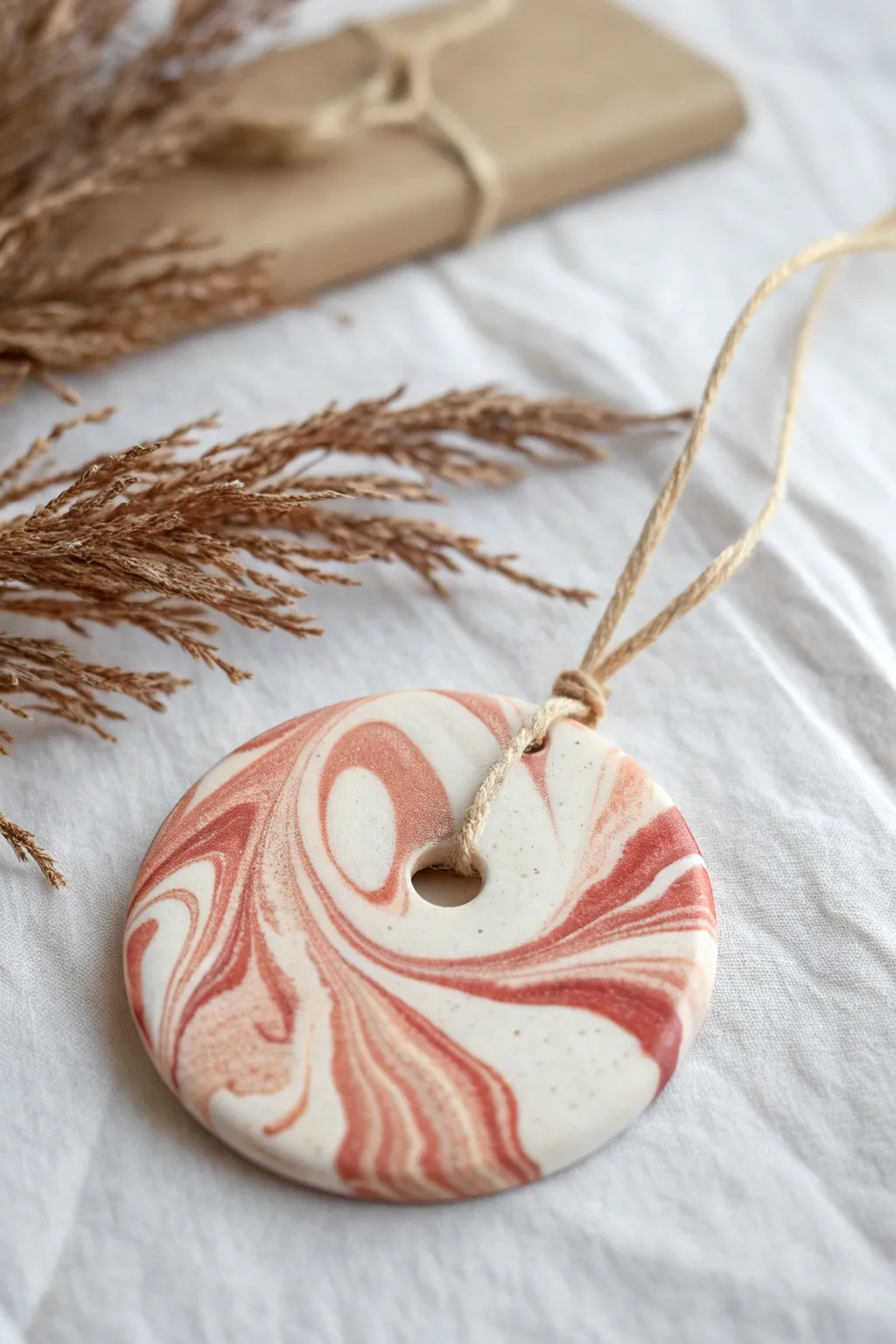 Swirled marbled salt dough ornament with twine hanger, minimalist Nordic-boho styling.