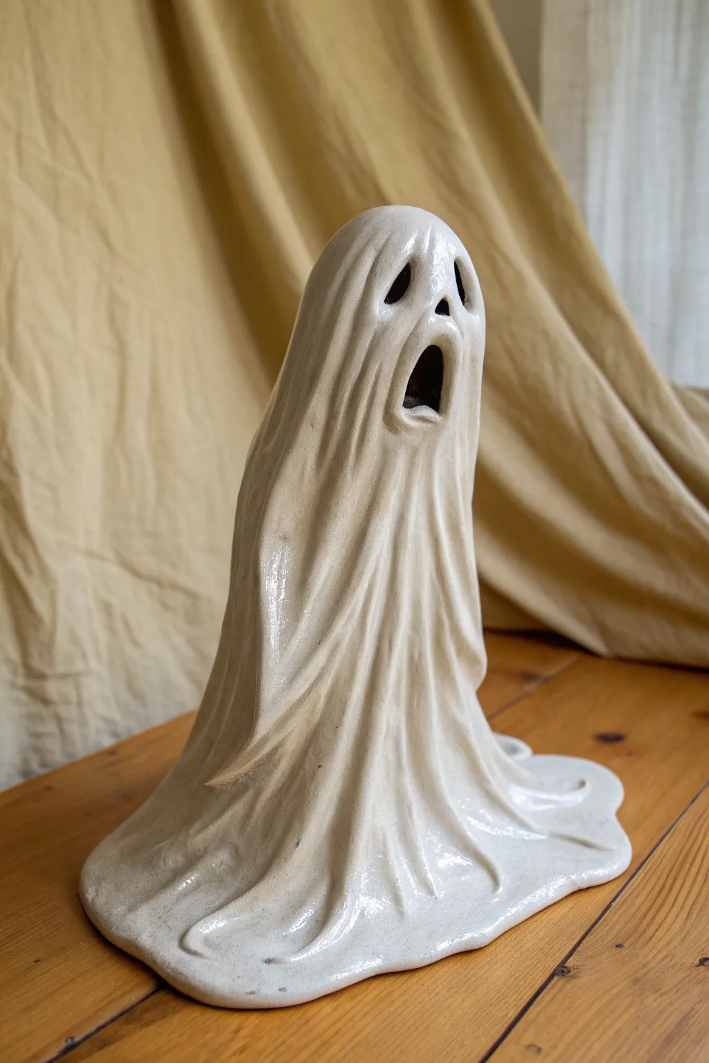 Melting Wax Wraith monster: a simple dripping clay ghost with moody contrast and clean Nordic style.