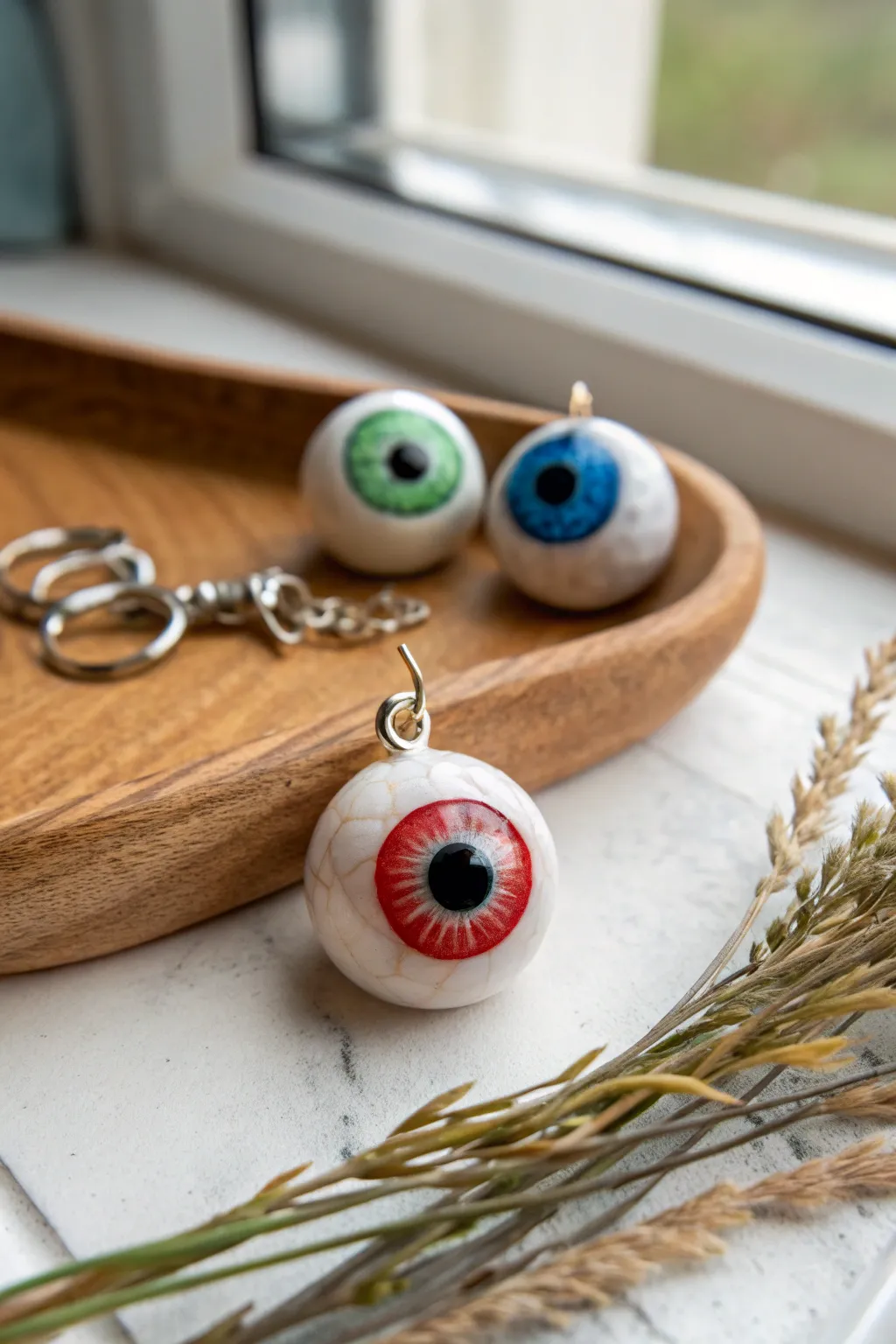 Glossy clay eyeball charm with spooky veins, minimalist styling for cute-scary Halloween vibes.