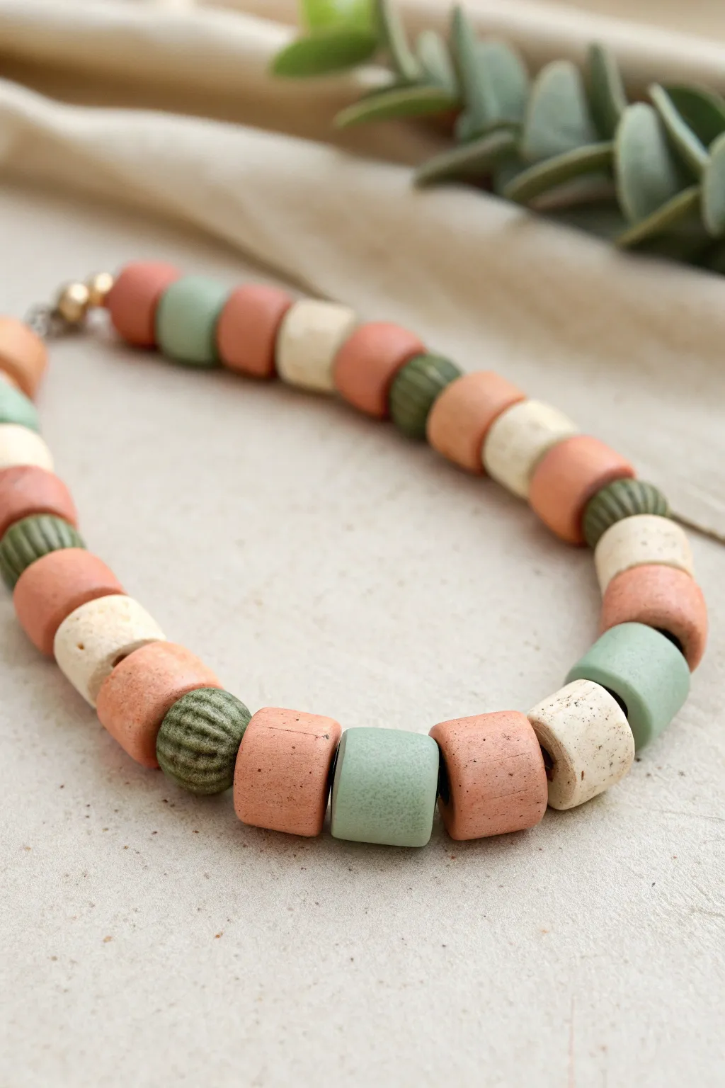 Chunky color-block polymer clay bead bracelet with custom shapes, minimalist boho vibes.