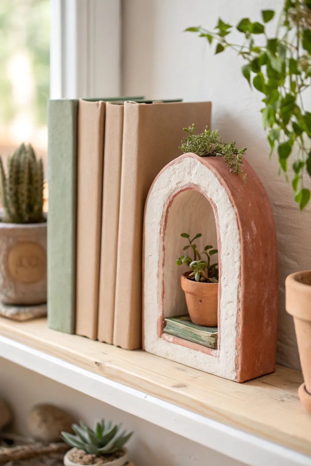 Cozy mini clay book nook scene with archway and plant, a simple tiny shelf sculpture idea.