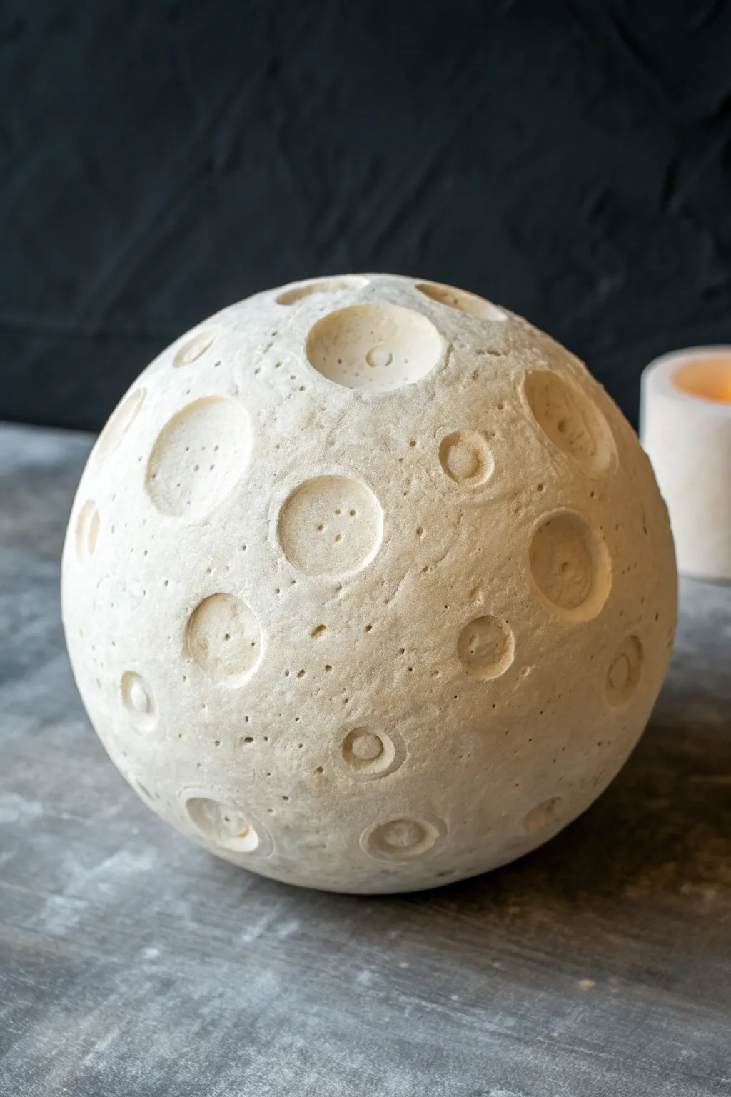 Hollow clay moon orb with softly carved craters and a subtle wash, set against deep charcoal.