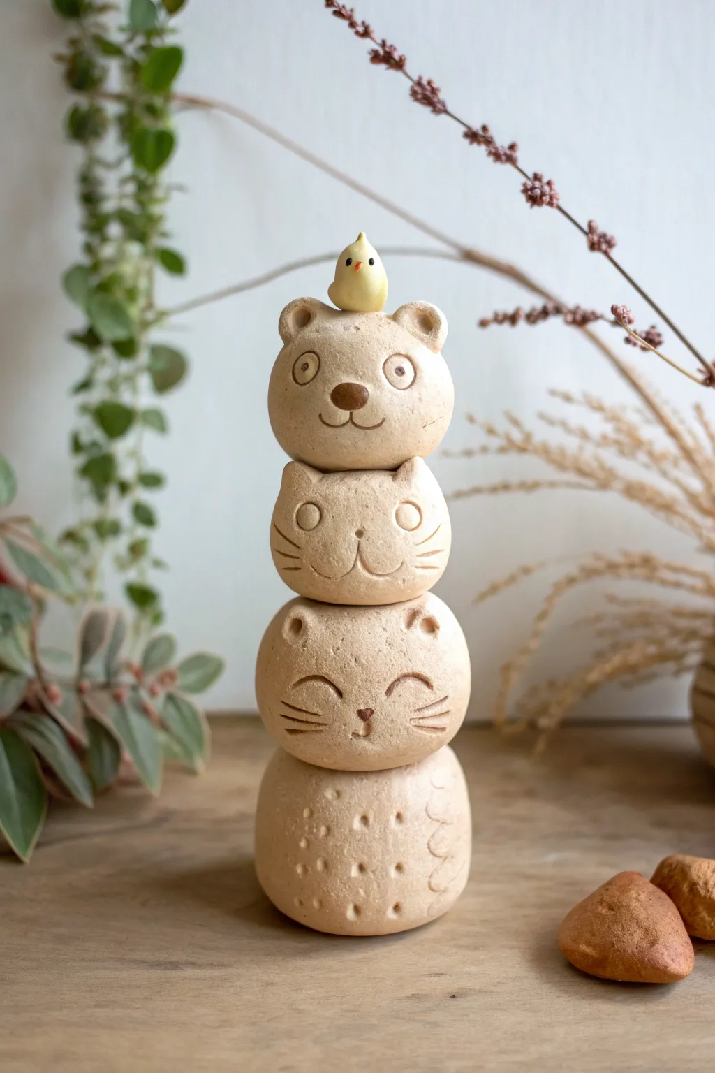 Easy stacked clay animal totem sculpture idea with soft minimal styling and warm natural tones