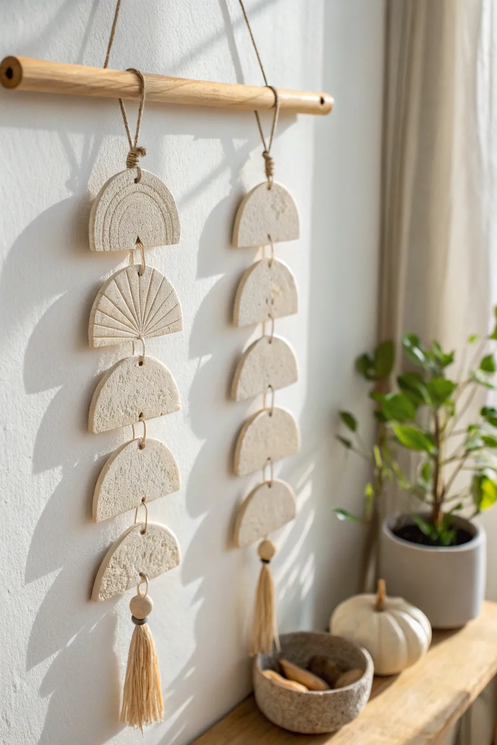 Simple air-dry clay boho tiles in soft neutrals, a calm wall accent for any space.