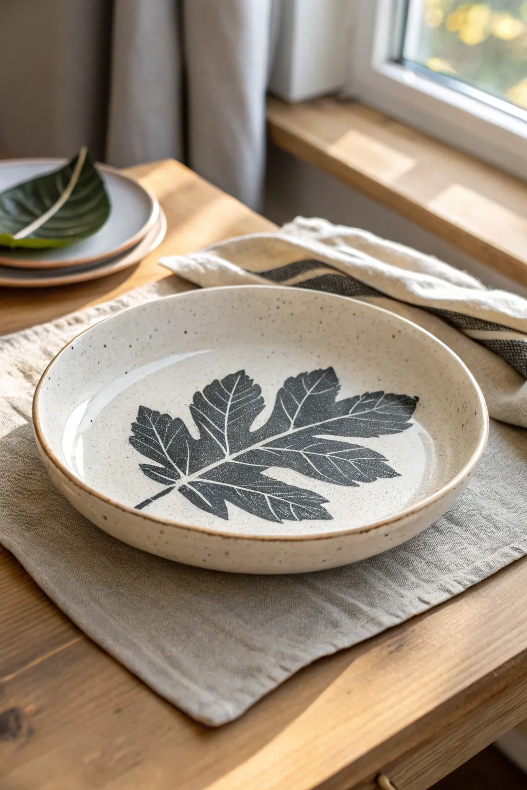 Bold sgraffito leaf silhouette on a matte plate, clean lines and striking negative-space contrast.