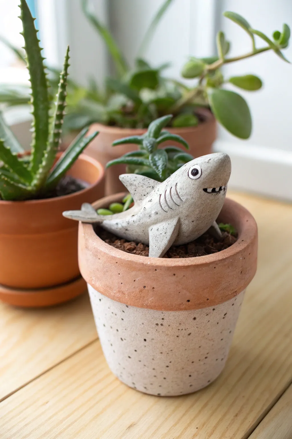 Tiny clay shark peeking over a mini pot for a cute, minimalist plant buddy vibe