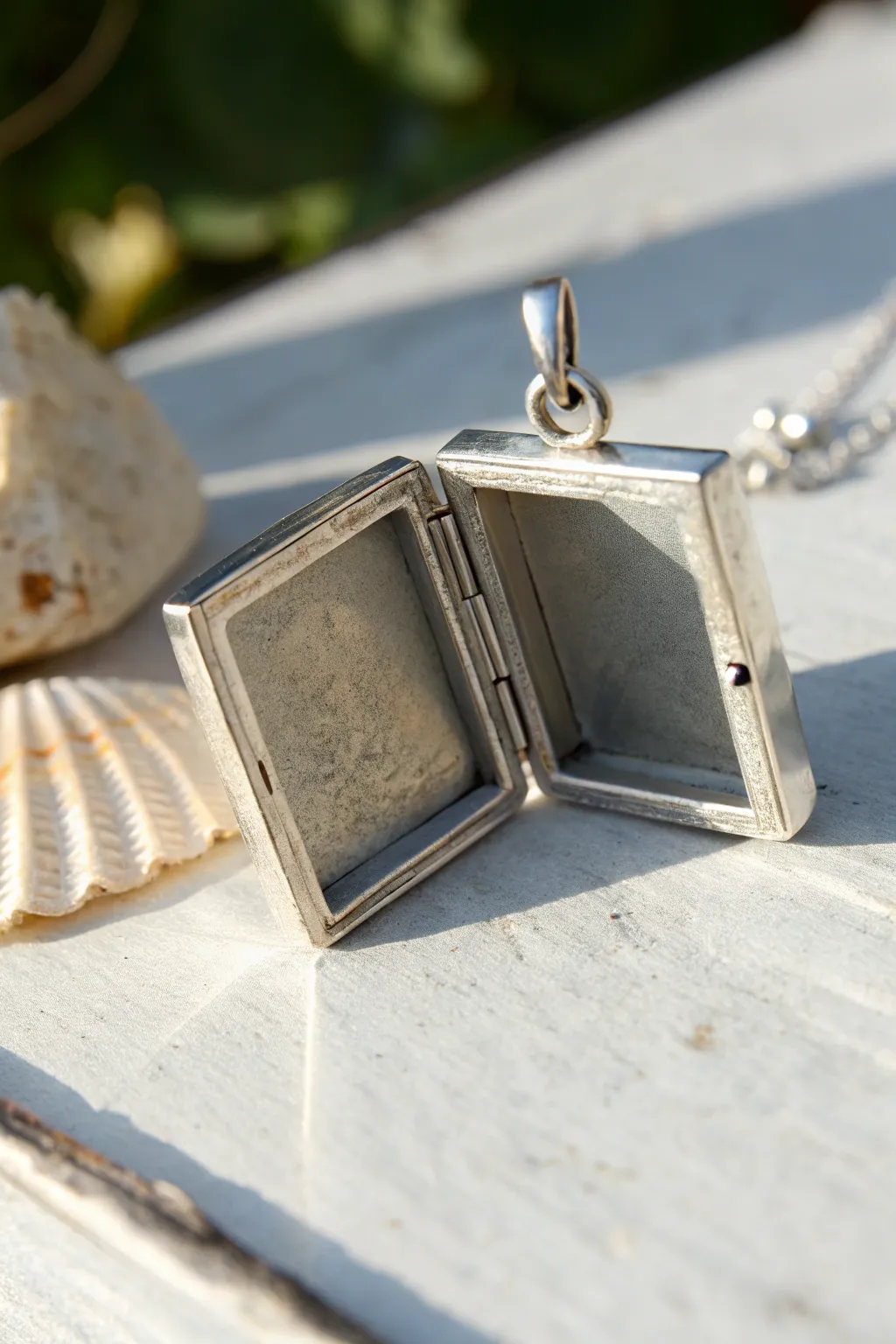 Minimal hollow silver clay locket with soft patina and clean lines, slightly open for depth