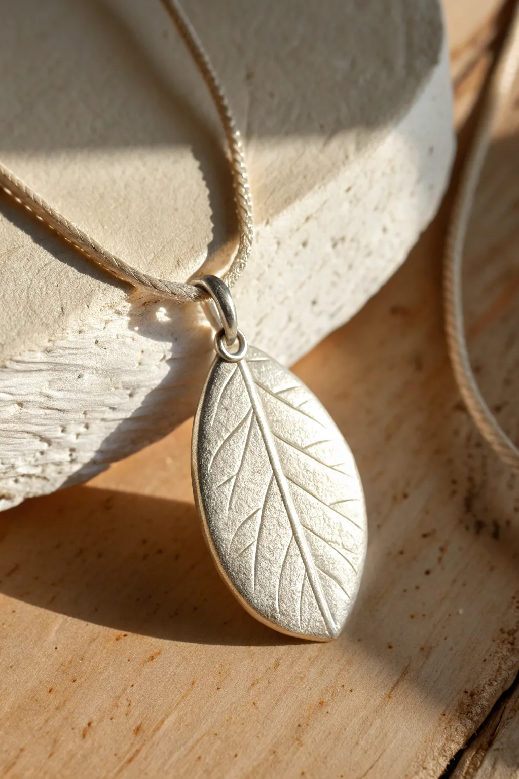 Reversible silver clay pendant with leaf imprint and minimalist geometric texture, ready to flip.