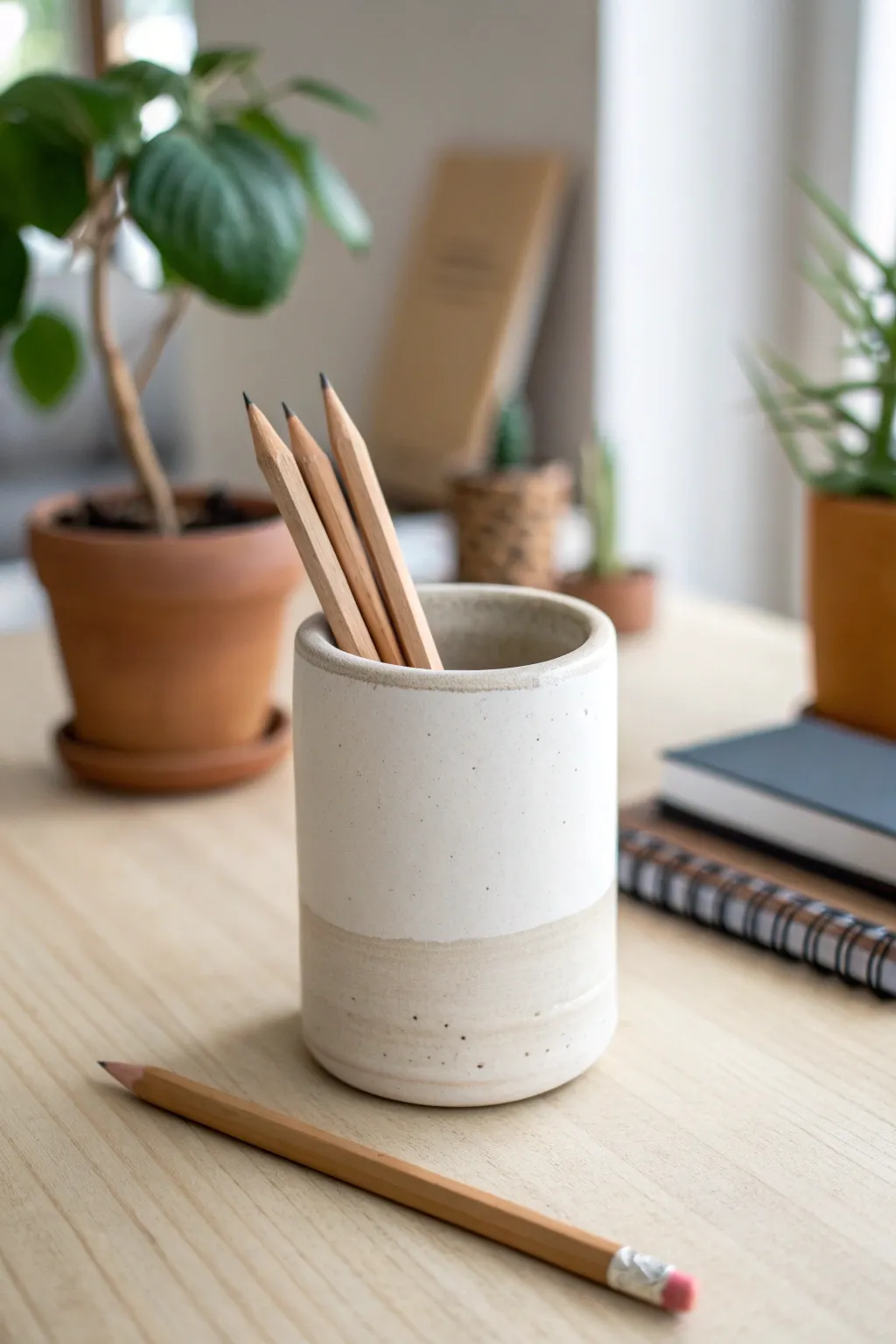Minimal air dry clay pencil cup for a calm desk, matte finish, simple shape, natural tones.