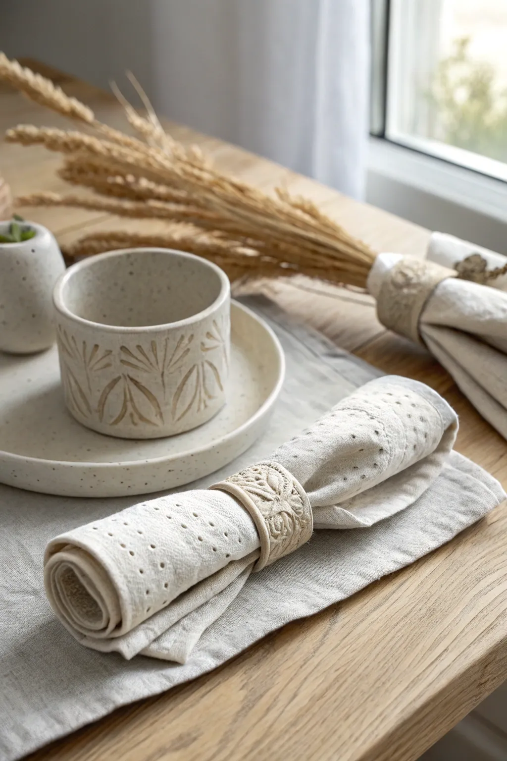 Chunky air-dry clay napkin rings with soft texture for an effortless minimalist table look